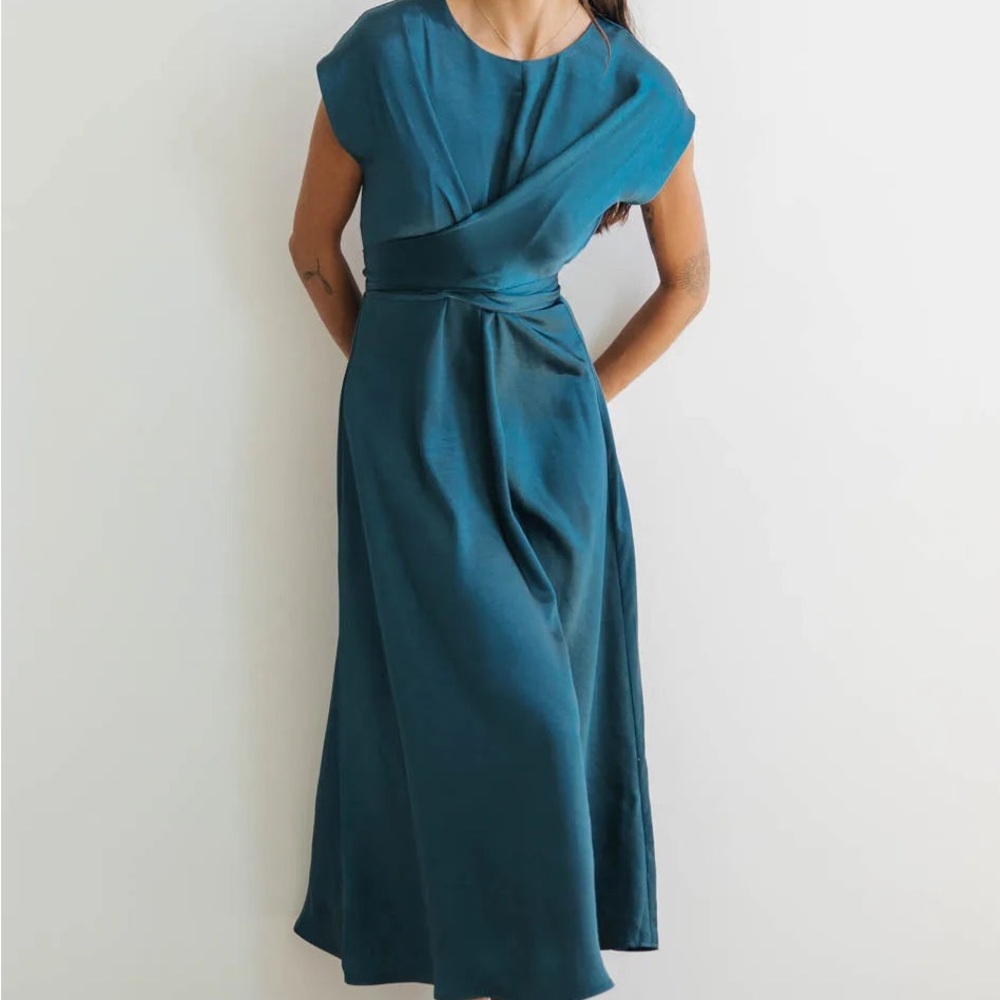 NWT Bohme Rosalind Satin Midi Dress in Teal, Size M